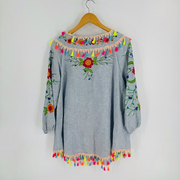 PONG 100% Cotton Embroidered Tassel Tunic Swim Cover Up Blue Stripe Floral M - Picture 2 of 9